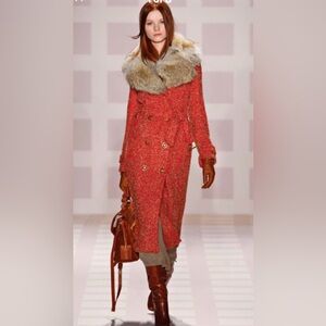Tory Burch Red Tweed Coat with Fur Trim